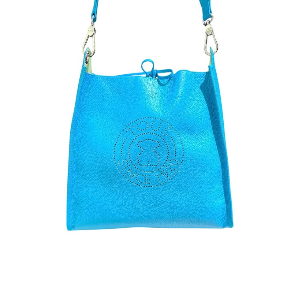 TOUS Blue Elegance Pebbled Leather Crossbody Bag Perforated Logo - Spain
